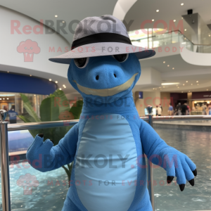 Blue Komodo Dragon mascot costume character dressed with a Swimwear and Hats