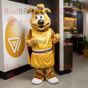 Gold Moussaka mascot costume character dressed with a V-Neck Tee and Bracelet watches