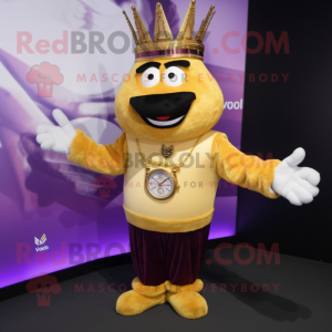 Gold Moussaka mascot costume character dressed with a V-Neck Tee and Bracelet watches