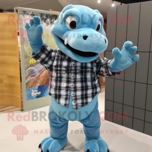 Sky Blue Komodo Dragon mascot costume character dressed with a Flannel Shirt and Hairpins