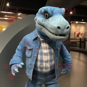 Sky Blue Komodo Dragon mascot costume character dressed with a Flannel Shirt and Hairpins