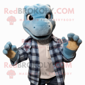 Sky Blue Komodo Dragon mascot costume character dressed with a Flannel Shirt and Hairpins