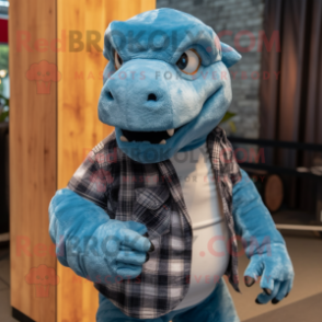 Sky Blue Komodo Dragon mascot costume character dressed with a Flannel Shirt and Hairpins