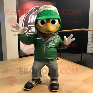 Forest Green Skateboard mascot costume character dressed with a Moto Jacket and Headbands