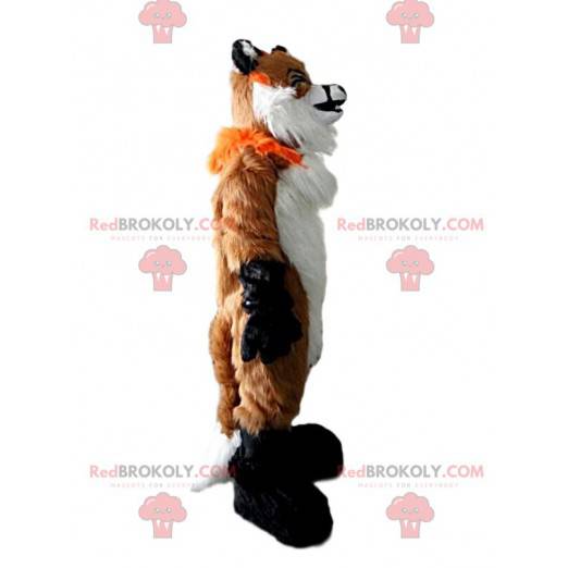 Mascotte volpe pelosa, arancione e bianco, costume da foresta -