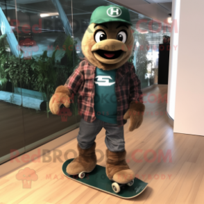 Forest Green Skateboard mascot costume character dressed with a Moto Jacket and Headbands