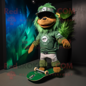 Forest Green Skateboard mascot costume character dressed with a Moto Jacket and Headbands