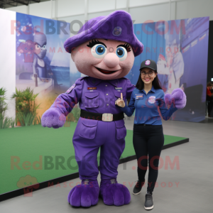 Purple Commando mascot costume character dressed with a Mom Jeans and Brooches