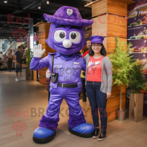 Purple Commando mascot costume character dressed with a Mom Jeans and Brooches