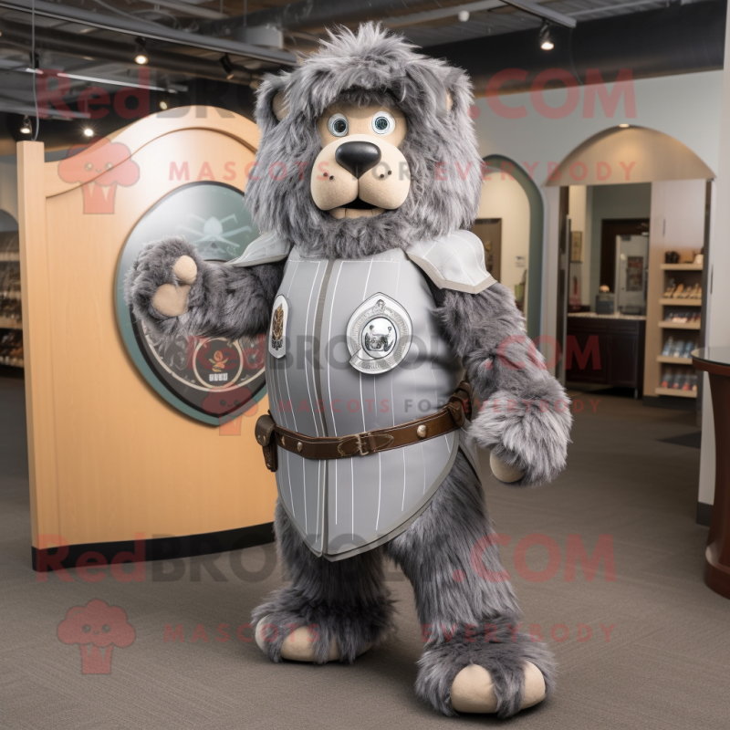Gray Celtic Shield mascot costume character dressed with a Corduroy Pants and Belts Gray Celtic Shield mascot costume character dressed with a Corduroy Pants and Belts