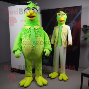 Lime Green Chicken mascot costume character dressed with a Jumpsuit and Ties