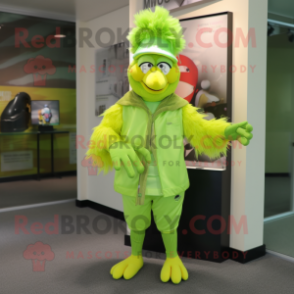 Lime Green Chicken mascot costume character dressed with a Jumpsuit and Ties