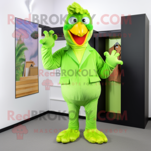 Lime Green Chicken mascot costume character dressed with a Jumpsuit and Ties