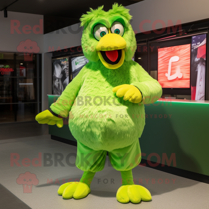 Lime Green Chicken mascot costume character dressed with a Jumpsuit and Ties