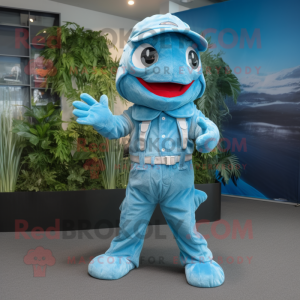 Sky Blue Barracuda mascot costume character dressed with a Dungarees and Cummerbunds