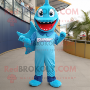 Sky Blue Barracuda mascot costume character dressed with a Dungarees and Cummerbunds