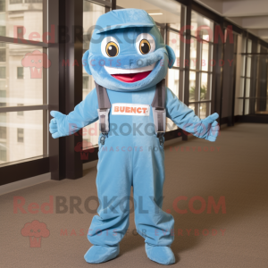 Sky Blue Barracuda mascot costume character dressed with a Dungarees and Cummerbunds