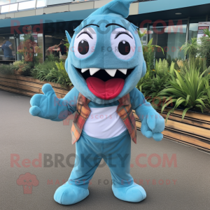 Sky Blue Barracuda mascot costume character dressed with a Dungarees and Cummerbunds