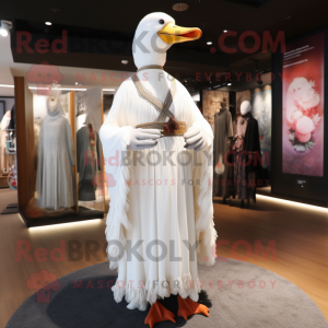 White Goose mascot costume character dressed with a Maxi Dress and Shawls