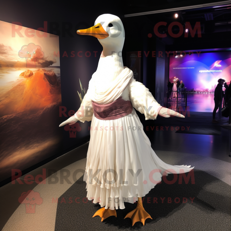 White Goose mascot costume character dressed with a Maxi Dress and Shawls