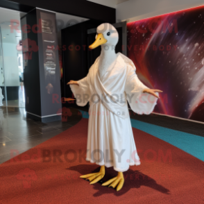 White Goose mascot costume character dressed with a Maxi Dress and Shawls