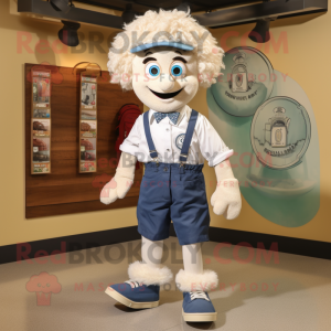 Cream Irish Dancing Shoes mascot costume character dressed with a Chambray Shirt and Messenger bags