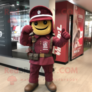 Maroon Army Soldier mascot costume character dressed with a Graphic Tee and Hats