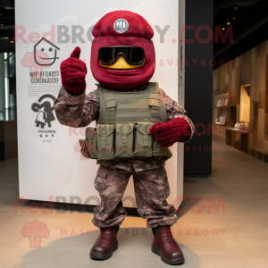 Maroon Army Soldier mascot costume character dressed with a Graphic Tee and Hats