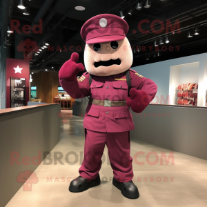 Maroon Army Soldier mascot costume character dressed with a Graphic Tee and Hats