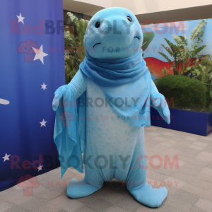 Sky Blue Stellar'S Sea Cow mascot costume character dressed with a Trousers and Scarves