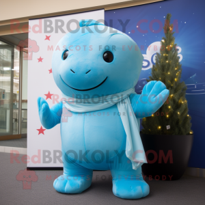 Sky Blue Stellar'S Sea Cow mascot costume character dressed with a Trousers and Scarves