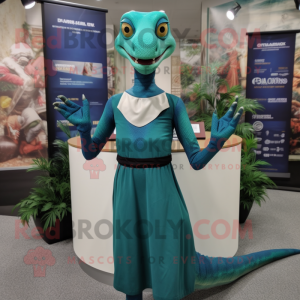 Teal Coelophysis mascot costume character dressed with a Sheath Dress and Gloves