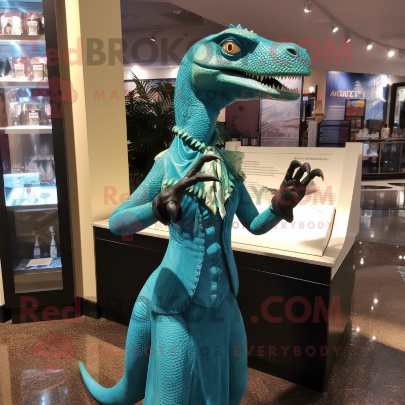 Teal Coelophysis mascot costume character dressed with a Sheath Dress and Gloves