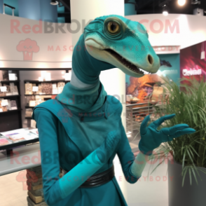 Teal Coelophysis mascot costume character dressed with a Sheath Dress and Gloves