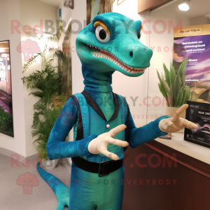 Teal Coelophysis mascot costume character dressed with a Sheath Dress and Gloves