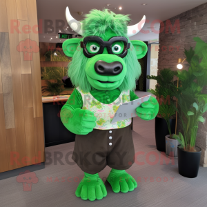 Green Buffalo mascot costume character dressed with a Blouse and Reading glasses