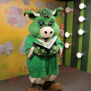 Green Buffalo mascot costume character dressed with a Blouse and Reading glasses