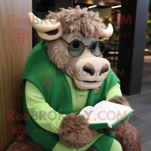 Green Buffalo mascot costume character dressed with a Blouse and Reading glasses