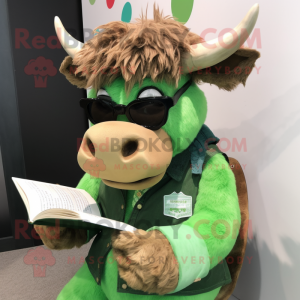Green Buffalo mascot costume character dressed with a Blouse and Reading glasses