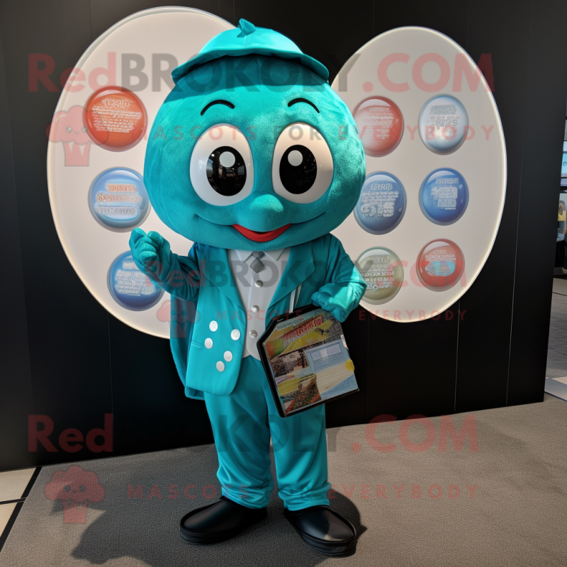 Teal Pho mascot costume character dressed with a Suit and Coin purses Teal Pho mascot costume character dressed with a Suit and Coin purses