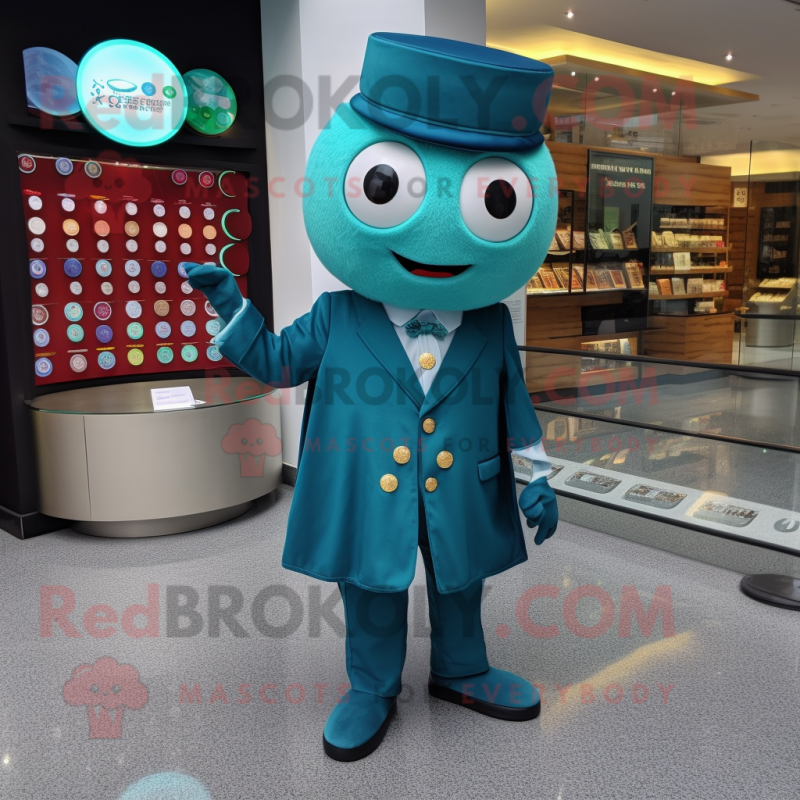 Teal Pho mascot costume character dressed with a Suit and Coin purses Teal Pho mascot costume character dressed with a Suit and Coin purses