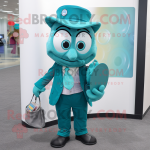 Teal Pho mascot costume character dressed with a Suit and Coin purses