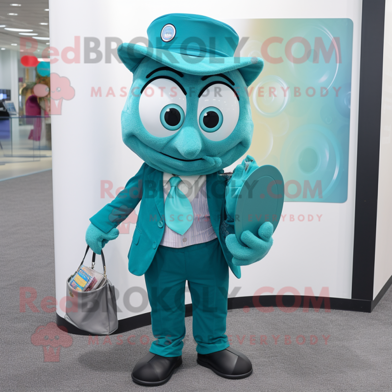 Teal Pho mascot costume character dressed with a Suit and Coin purses Teal Pho mascot costume character dressed with a Suit and Coin purses