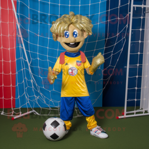 Gold Soccer Goal mascot costume character dressed with a Bootcut Jeans and Scarf clips