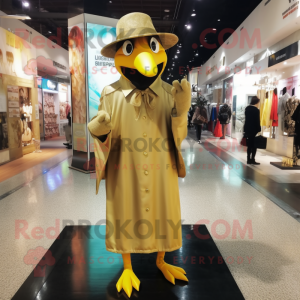 Gold Stilt Walker mascot costume character dressed with a Parka and Hat pins