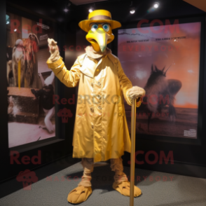 Gold Stilt Walker mascot costume character dressed with a Parka and Hat pins