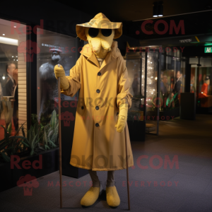 Gold Stilt Walker mascot costume character dressed with a Parka and Hat pins