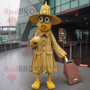 Gold Stilt Walker mascot costume character dressed with a Parka and Hat pins