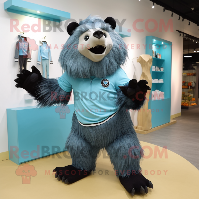 Blue Sloth Bear mascot costume character dressed with a Graphic Tee and Shoe clips Blue Sloth Bear mascot costume character dressed with a Graphic Tee and Shoe clips
