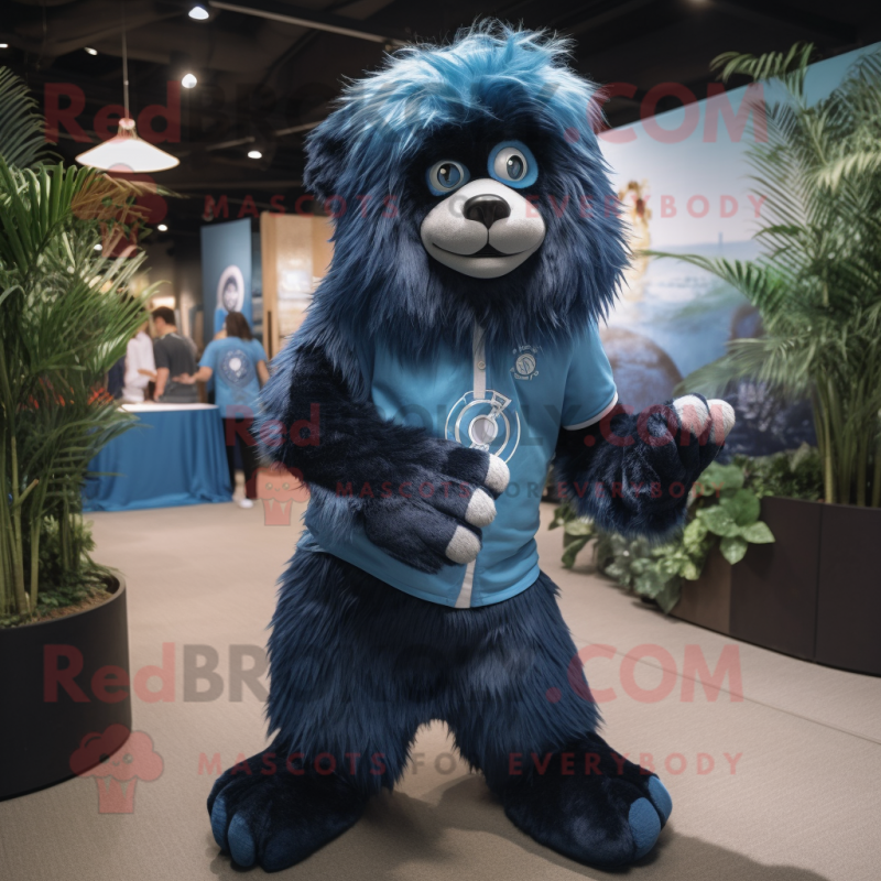 Blue Sloth Bear mascot costume character dressed with a Graphic Tee and Shoe clips Blue Sloth Bear mascot costume character dressed with a Graphic Tee and Shoe clips